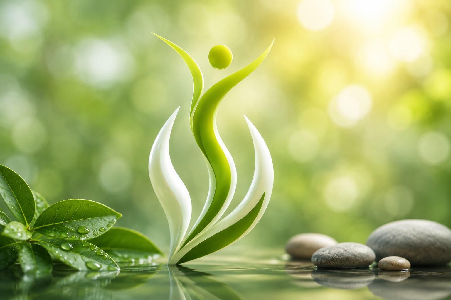 A glowing green and white leaf motif rising from still water beside smooth stones