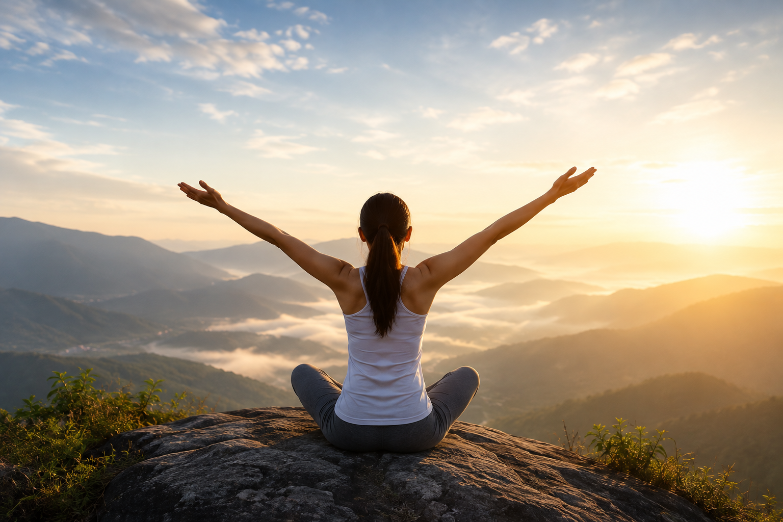 A woman seated on a mountaintop at sunrise with arms raised, looking out over the clouds