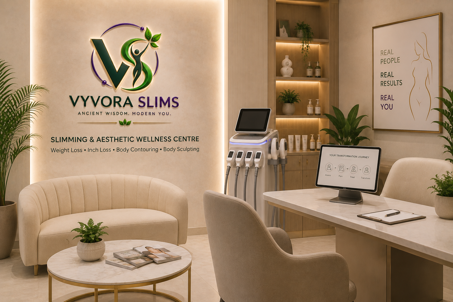 A calm, minimalist VYVORA SLIMS treatment room with a treatment bed, mirror and shelving